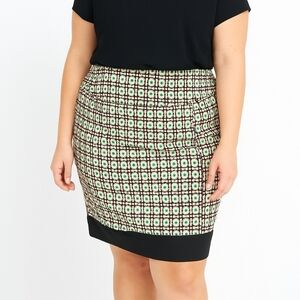 Ann Taylor Women's Skirt Green Black Sz 18 Geo Cotton Blend Pencil Classic